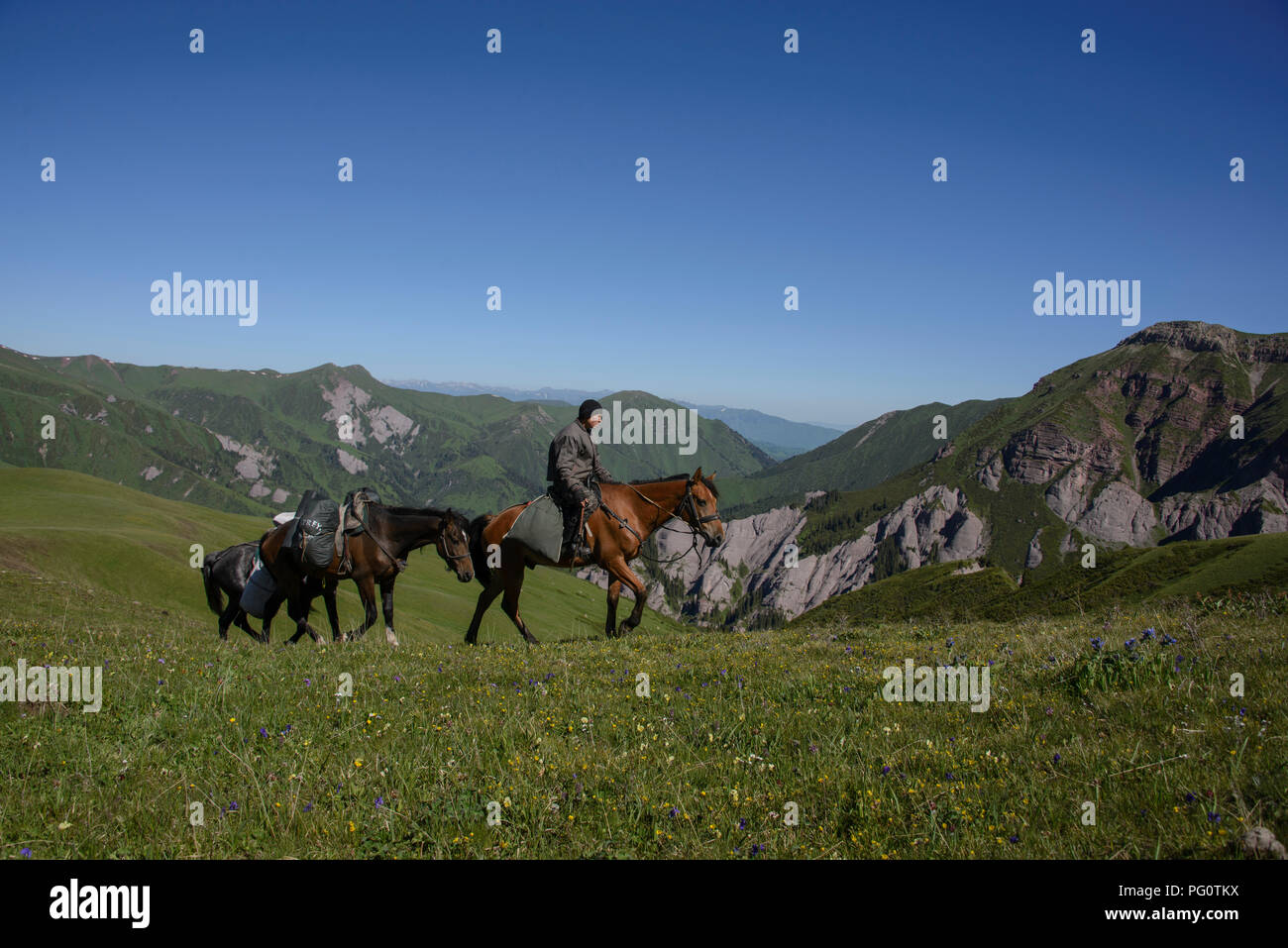 Randonnées à cheval le Keskenkija Jyrgalan alpine Trek, Kirghizistan, Banque D'Images