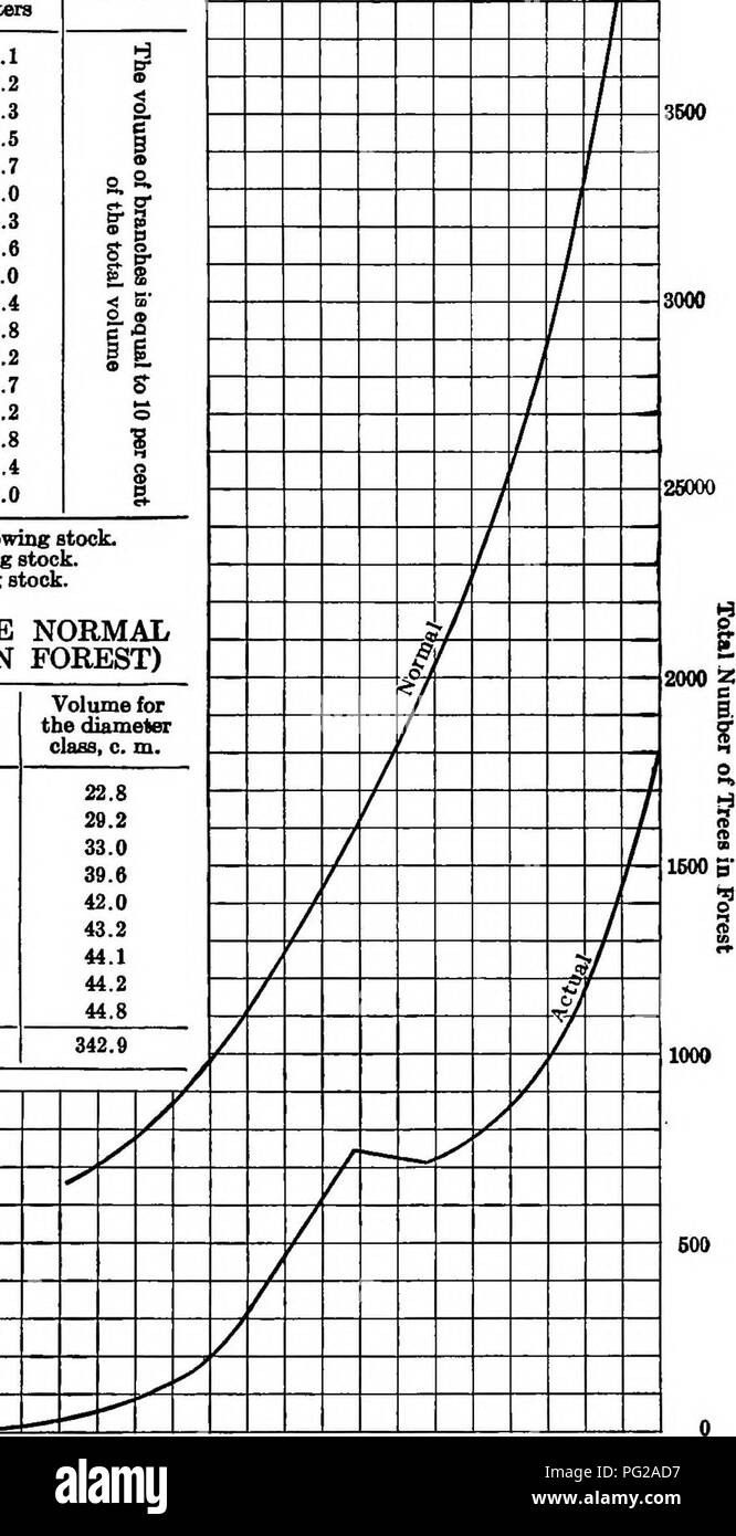 . Études en français foresterie . Les forêts et la foresterie. PLAN DE TRAVAIL ORIGINAL VOLUME DE DONNÉES 527 * Diamètres TABLE Epicéa et fine, B.H.. Sapin, Bemarks pouces cubes mètres cubes mètres 8 0,2 0,1 0,4 0,2 12 S 10 0,6 0,3 14 0,9 0,5 1,2 0,7 g 16 18 1,6 1,0 2,1 1,3 20 7^^j s 22 2,6 1,6 3,2 2,0 26 24 II 3,8 2,4 4,5 2,8 g " 28 II 30 S.2 3.2 ii 32 6.0 3.7 6.8 4.2 s 34 o 36 7,7 4,8 1 388,6 5,4 409,6 6,0 5/^entation graphique du matériel sur pied. La ligne supérieure indique la normale. growine Ligne inférieure indique la croissance réelle de stock. Tableau montrant l'hectare de forêt normale (SÉLECTION) D. B. H., pouces Num Banque D'Images