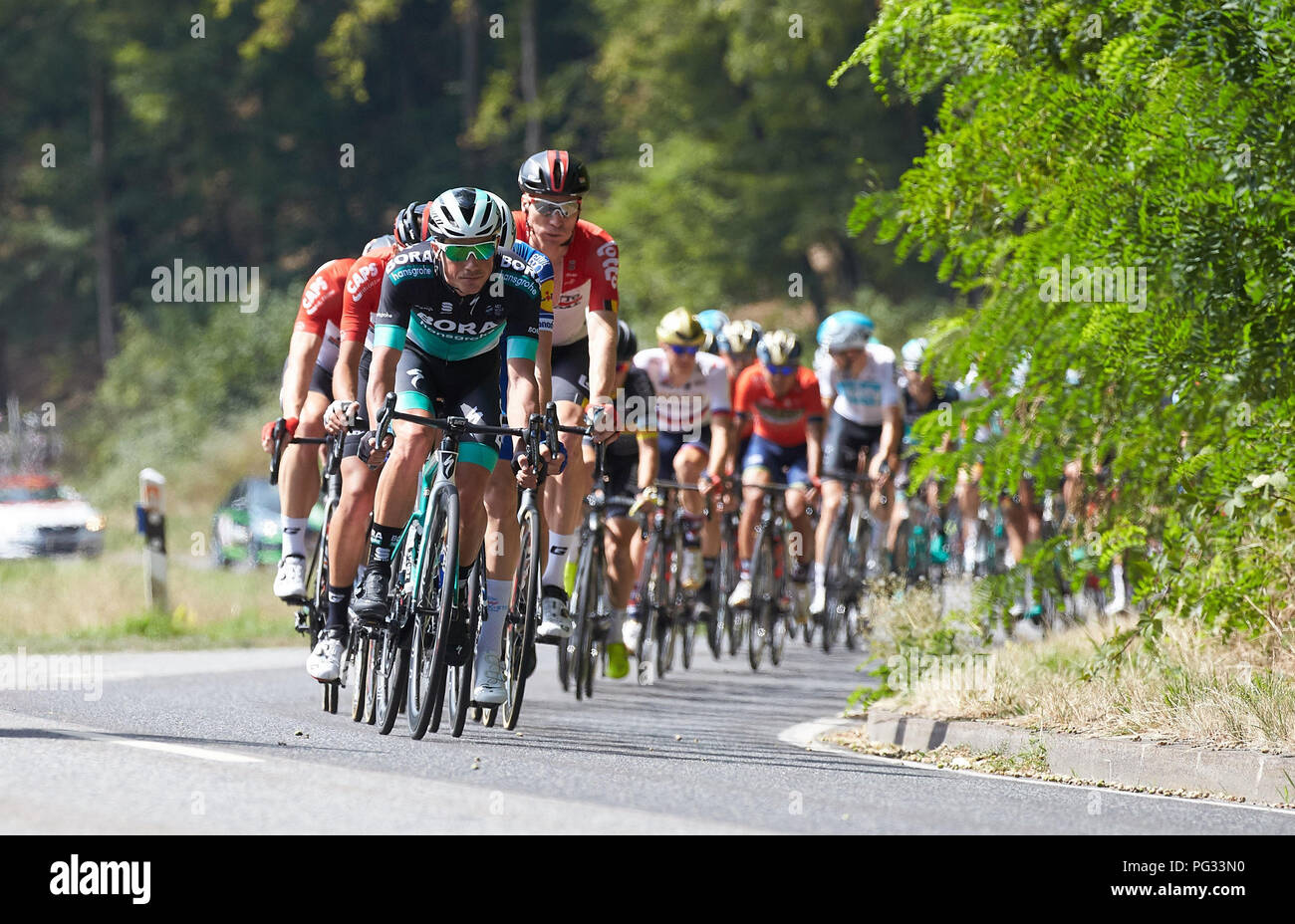 Coblence, Allemagne. Août 23, 2018. Randonnée à vélo, l'UCI série européenne, d' Allemagne, Koblenz - Bonn (157, 00 km), l'étape 1. Le domaine principal traverse le Gelbachtal. Crédit : Thomas Frey/dpa/Alamy Live News Banque D'Images