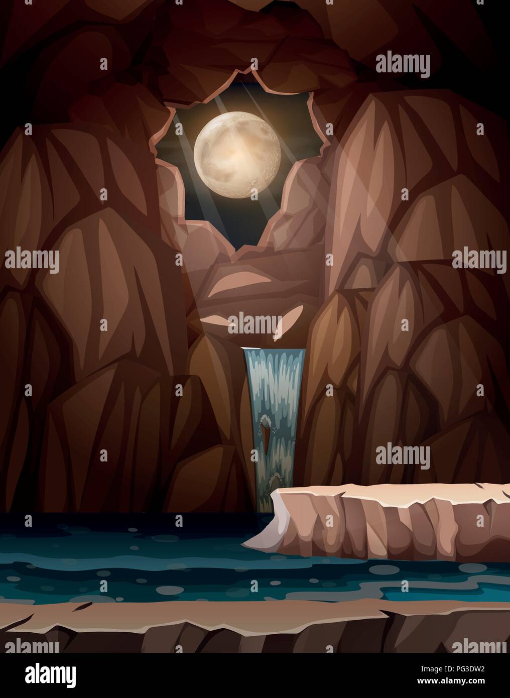 Chute d'une caverne à l'illustration de nuit Illustration de Vecteur