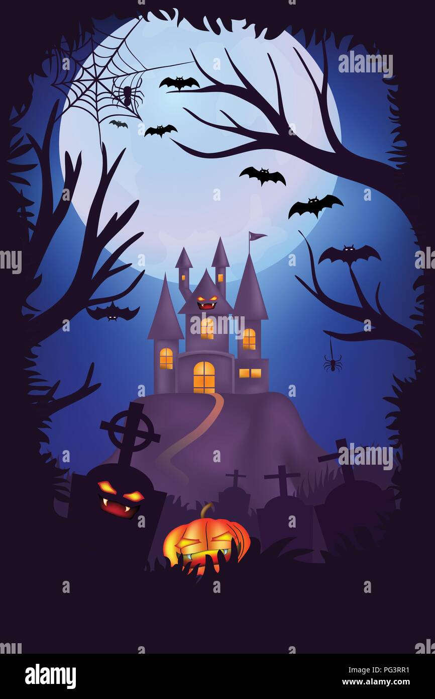 Happy Halloween, conception d'affiches, cimetières cimetière Creepy avec citrouilles, château effrayant et la pleine lune avec l'arrière-plan, l'arbre d'Halloween Illustration de Vecteur