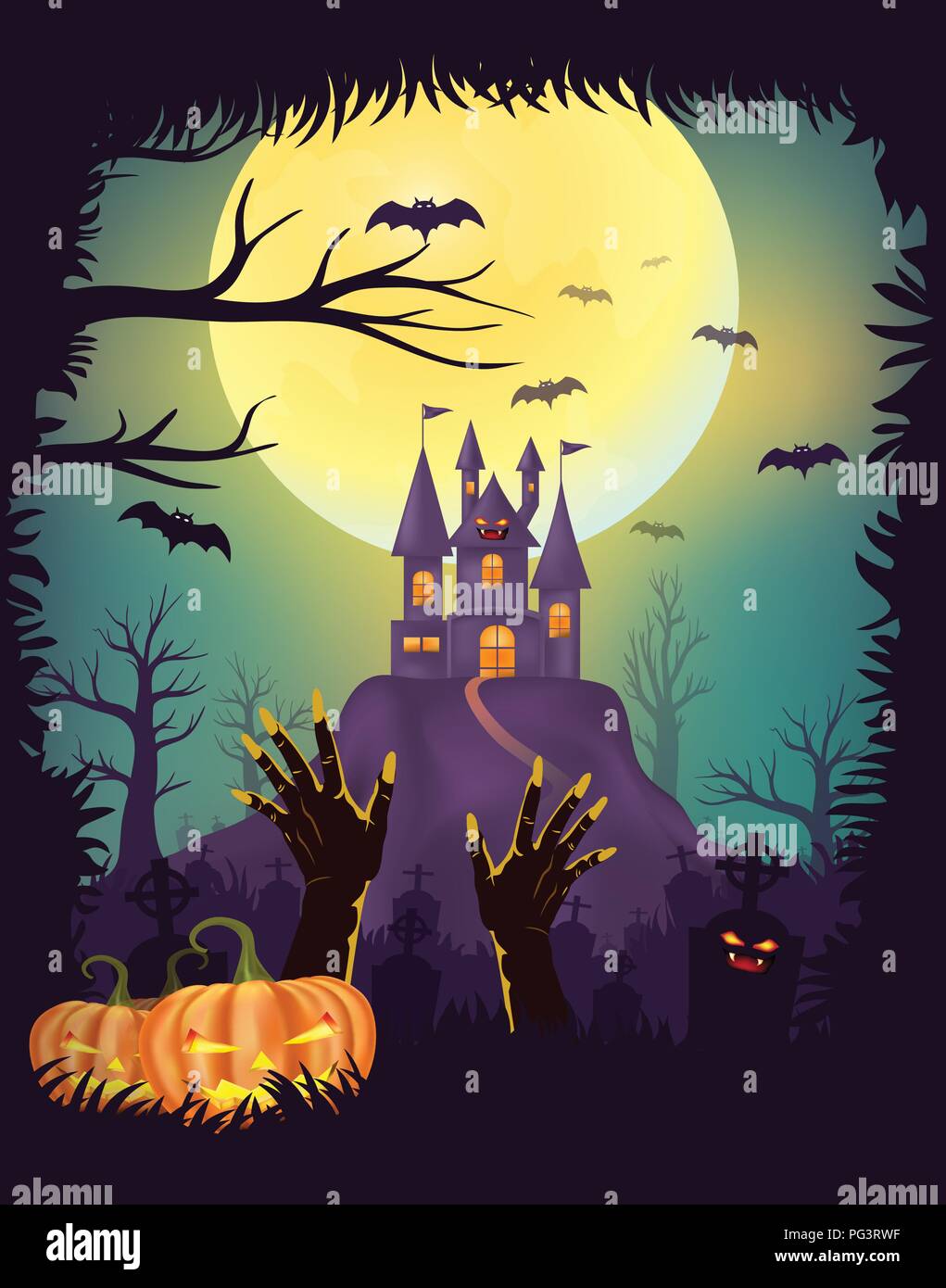 Happy Halloween night party poster design, Zombie part sortant de la tombe dans le cimetière, cimetière avec des citrouilles, château de Creepy, Full Moon background Illustration de Vecteur