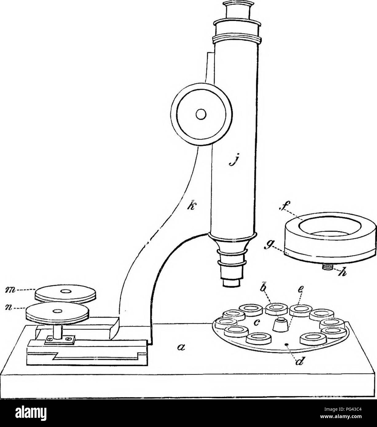 . Un traité pratique sur l'utilisation du microscope, y compris les différentes méthodes de préparation et d'examen animales, végétales, minérales et des structures. Microscopie Microscopes ;. 494 APPENDICE.. Fig. 268. décrit ; mais la dalle en acajou, a, est d'une forme différente, ayant un axe en laiton monté dans sa surface supérieure, l'extrémité libre de ce qui est vu à 6 ; sur cette broche d'un petit disque en laiton, e, tours, transportant 12 objets. Sur le disque, c, près de sa marge bénéficiaire et, à intervalles réguliers, douze petits trous sont percés et taraudés, dont l'un est illustré en &Lt ; ? ; une cellule ayant été supprimée pour l'application, Banque D'Images