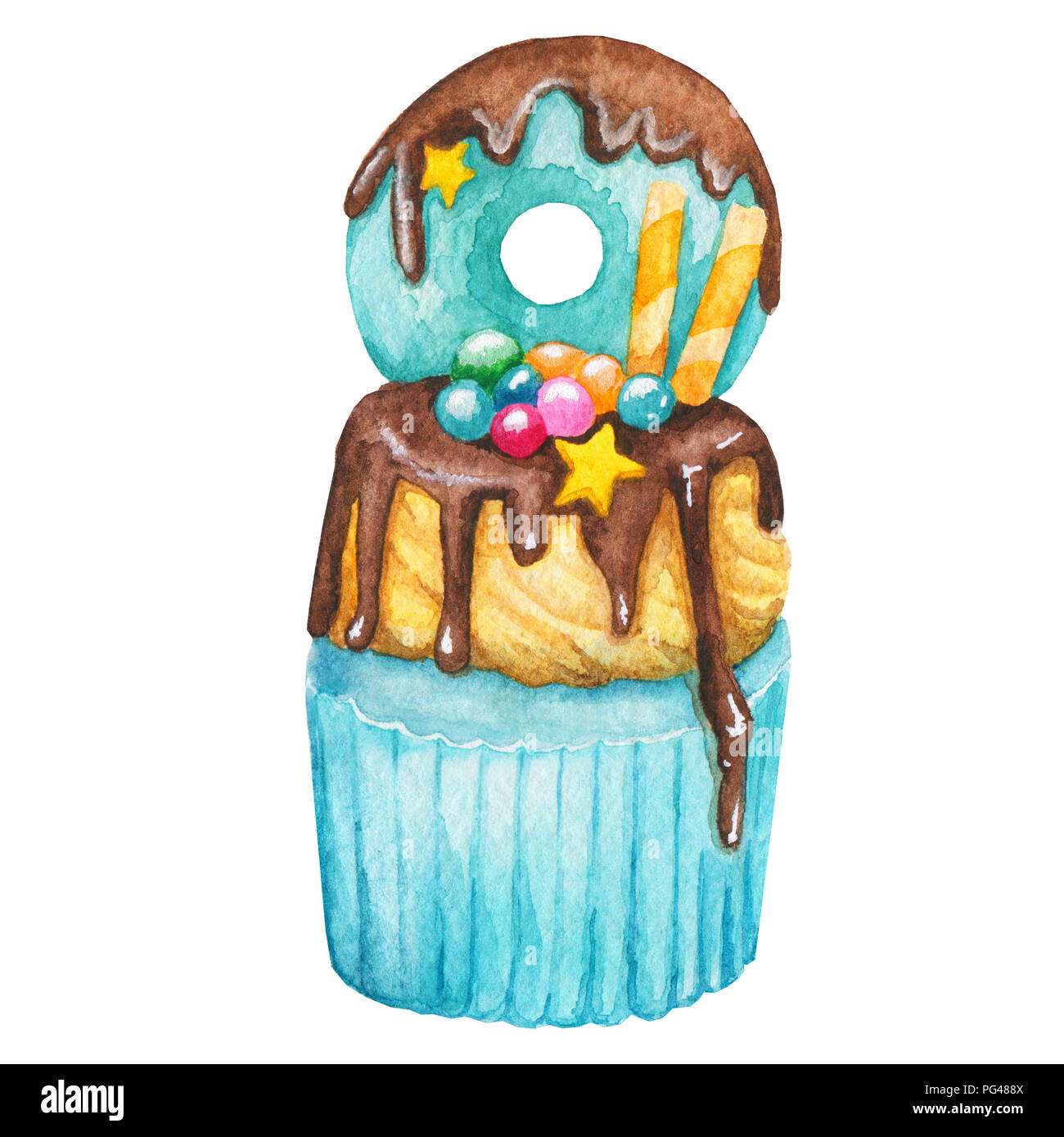 Aquarelle cupcake, gâteau fée isolé sur un fond blanc. Délicieux sucré boulangerie dessinés à la main, l'illustration. Banque D'Images