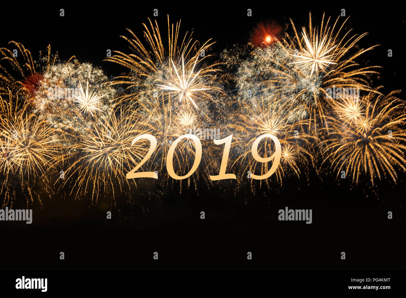 Bonne Année 2019 Célébration golgen fireworks. Nouvel an et vacances concept. Banque D'Images