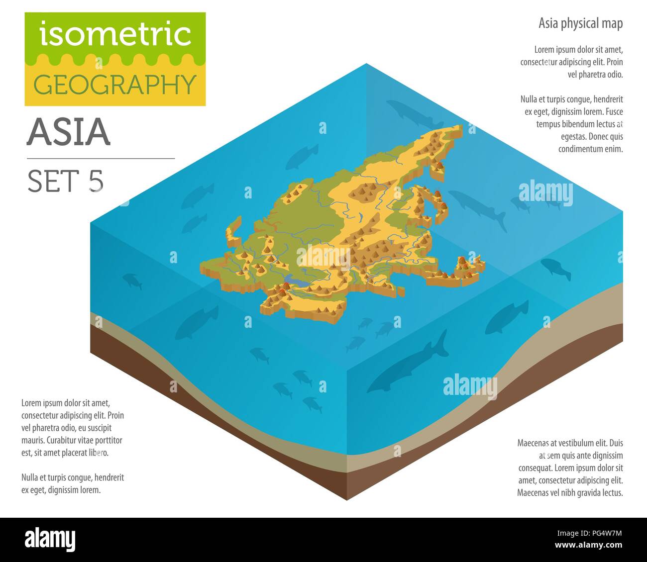 3D isométrique Asie carte physique éléments constructeur sur la surface de l'eau. Construire votre propre collection Géographie des infographies. Vector illustration Illustration de Vecteur