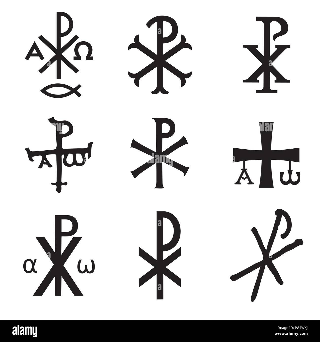 Symboles chrétiens icons set. Chi Rho, brillant, Christogram Chrismon, série des symboles Labarum. Illustration de Vecteur