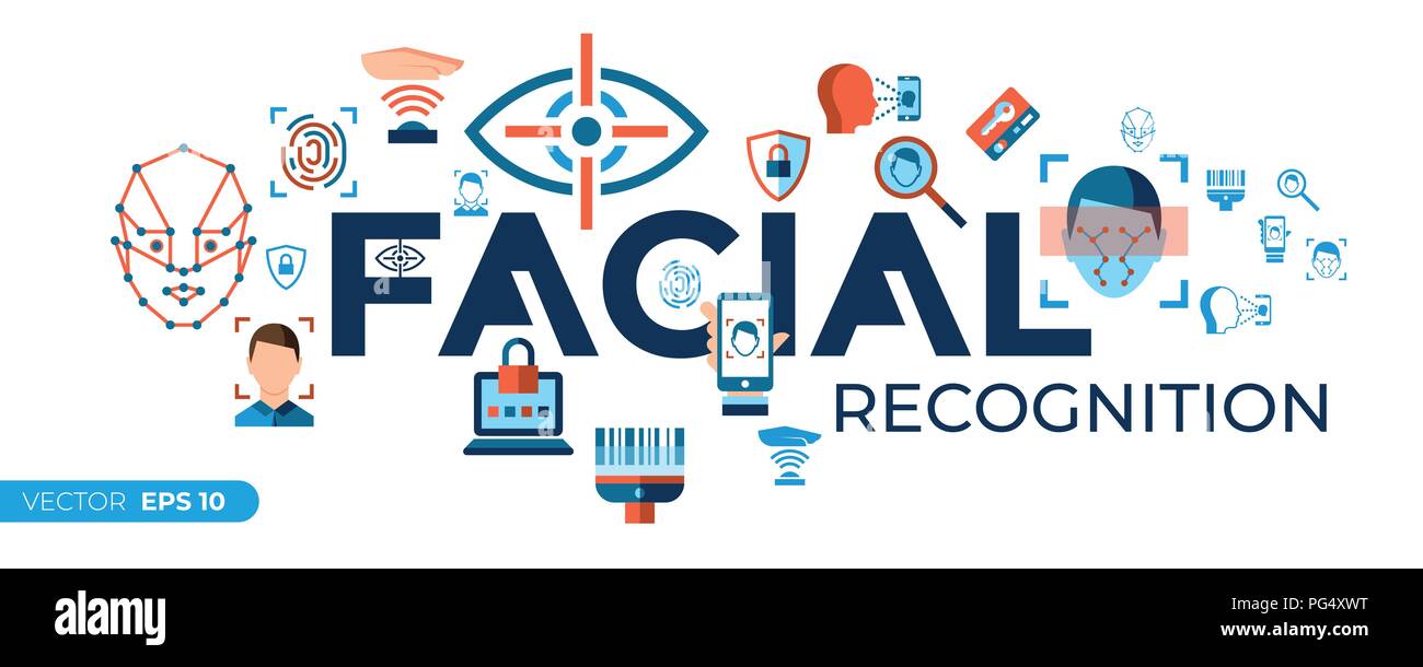 Reconnaissance faciale vecteur numérique icons set avec dessiné une ligne simple info artistique graphique, style plat Illustration de Vecteur