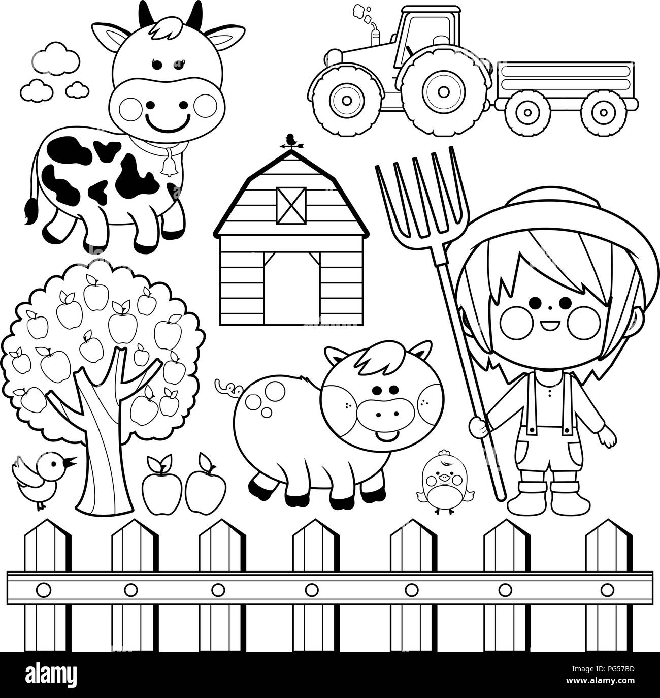Farmer boy et animaux collection. Livre de coloriage noir et blanc la page Illustration de Vecteur
