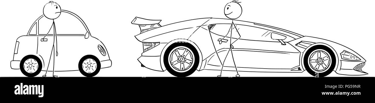 Caricature de deux hommes d'affaires, l'un Avec Cher Sport Car, une autre avec des petites voitures bon marché et Illustration de Vecteur