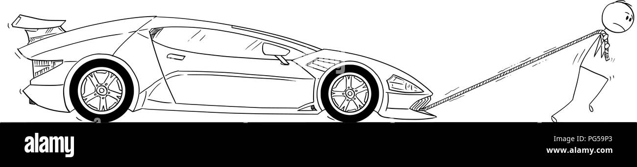Caricature de l'homme ou Businessman Pulling cassé ou en panne d'essence chère voiture sport Luxe Illustration de Vecteur
