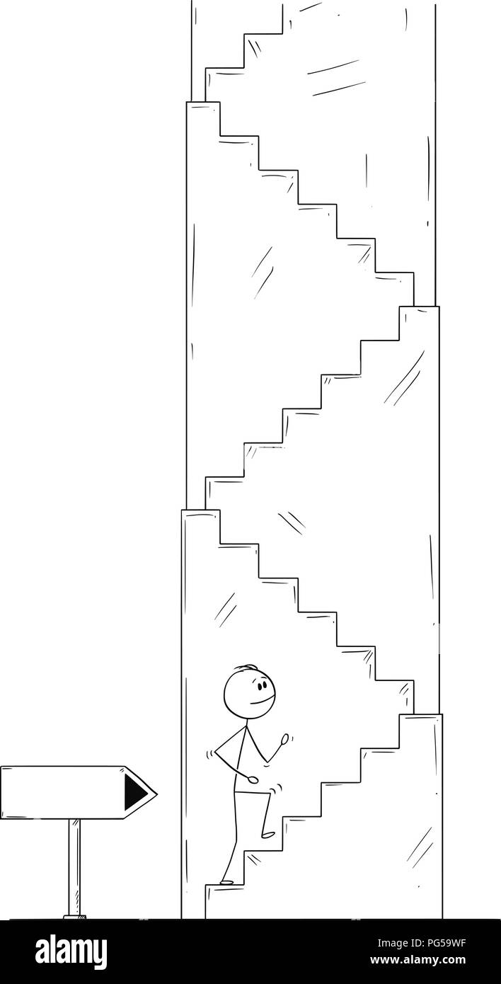 Caricature de l'homme d'affaires ou en montant les escaliers, flèche vide panneau indiquant Direction Illustration de Vecteur