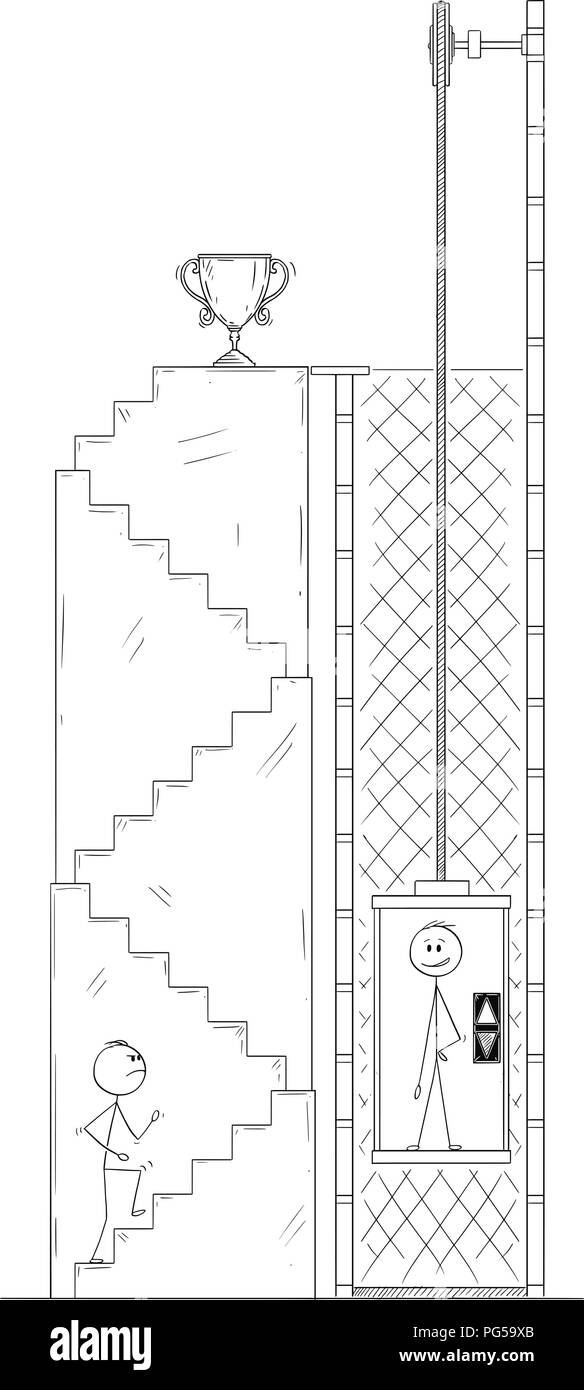 Caricature de l'homme d'affaires ou en montant les escaliers pour trophée, tandis que l'aide de l'ascenseur ou concurrent est Ascenseur Illustration de Vecteur