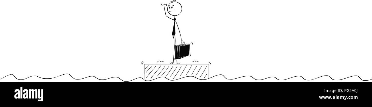 Caricature de businessman standing seul sur le radeau au milieu de l'Ocean Illustration de Vecteur