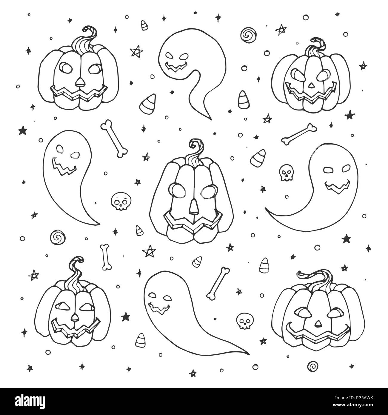 Vector set Halloween avec des citrouilles, fantômes avec visages effrayants, des os, des crânes et des bonbons au maïs style croquis. Maison de vacances d'automne à la main collection de doo Illustration de Vecteur Vector set Halloween avec des citrouilles, fantômes avec visages effrayants, des os, des crânes et des bonbons au maïs style croquis. Maison de vacances d'automne à la main collection de doo Illustration de Vecteur