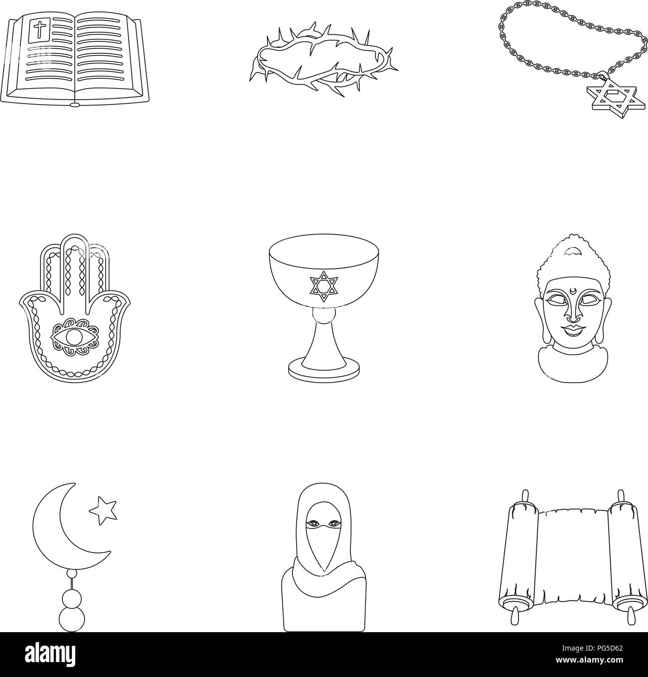 La religion définie dans les grandes lignes les icônes de style. Grande collection de stock symbol vector religion Illustration de Vecteur