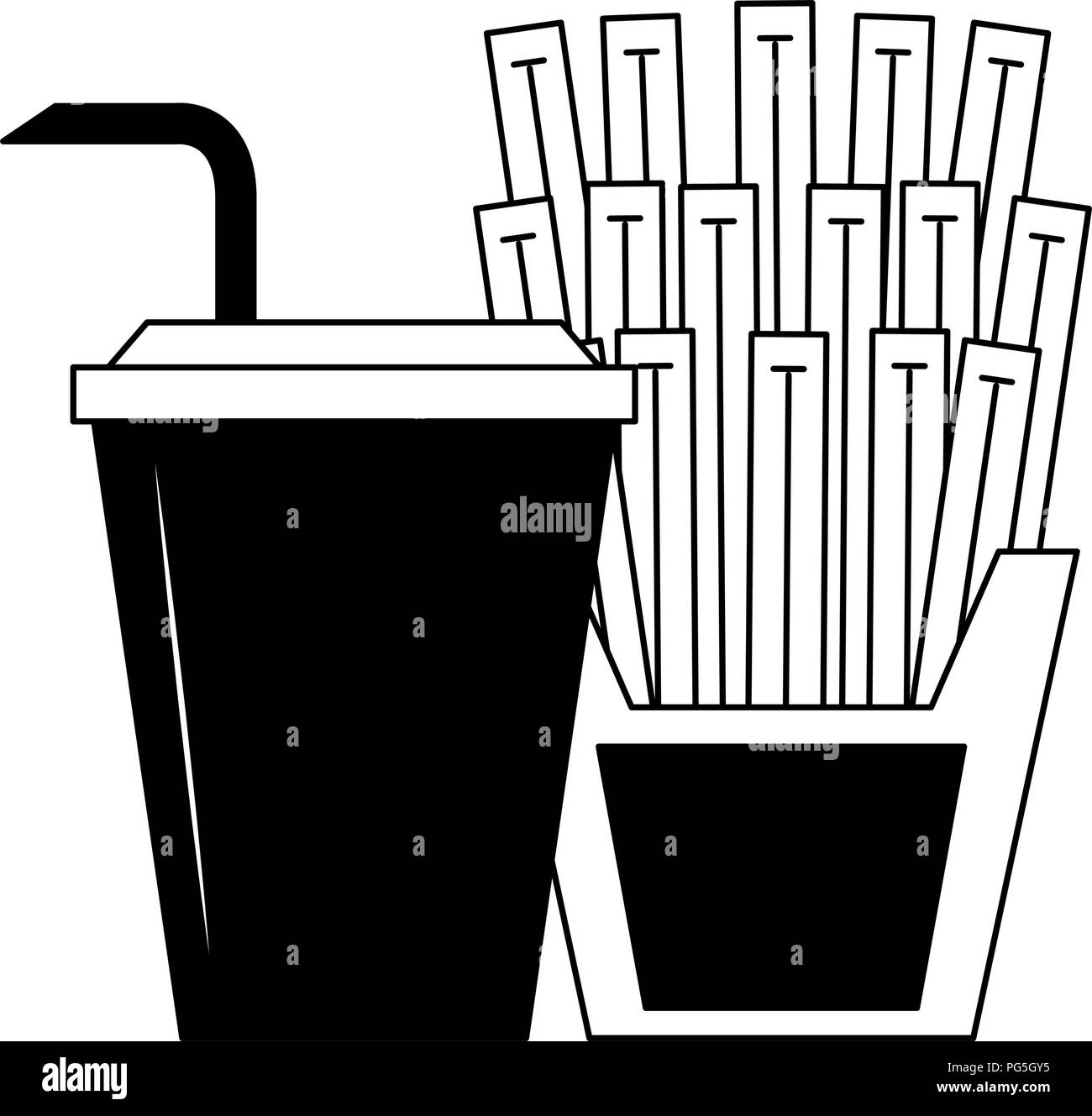 Frites et sodas en noir et blanc Illustration de Vecteur