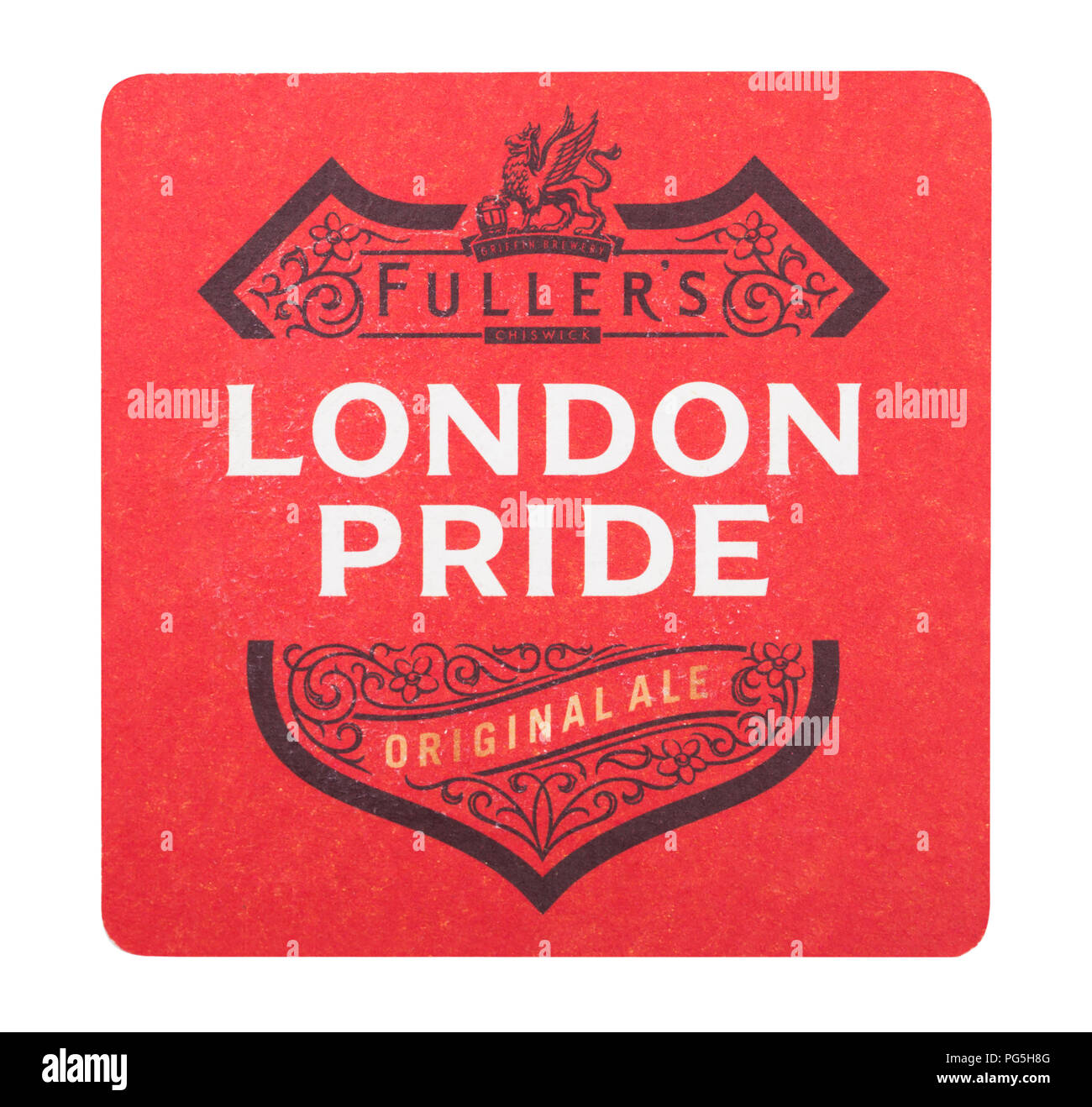 Londres, Royaume-Uni - 22 août 2018 : London Pride beer coaster beermat papier isolé sur fond blanc. Banque D'Images