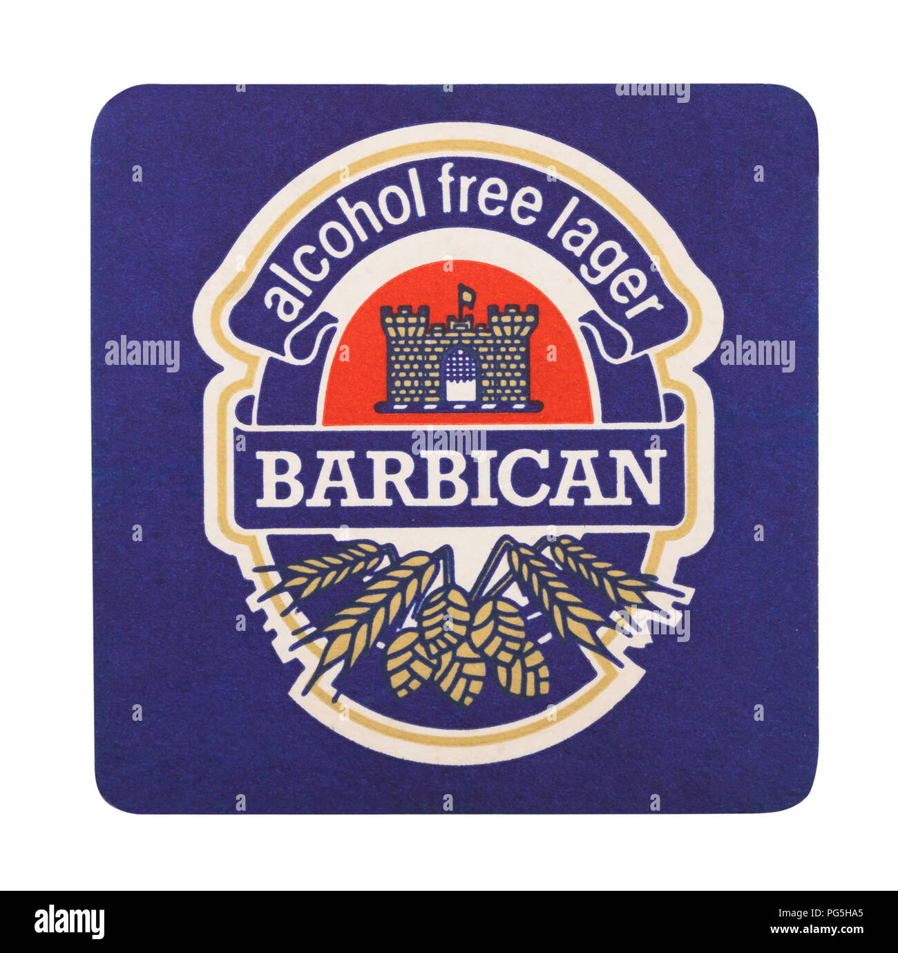 Londres, Royaume-Uni - 22 août 2018 : sans alcool Barbican papier lager beer coaster beermat isolé sur fond blanc. Banque D'Images