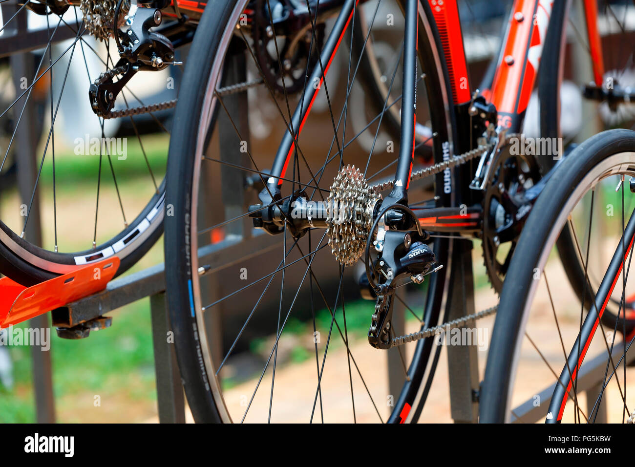 Modèle de boîte de vitesses Shimano Sora location exposée au commerce équitable de Gijon en 2018. 18 août, 2018. L'Espagne. Banque D'Images