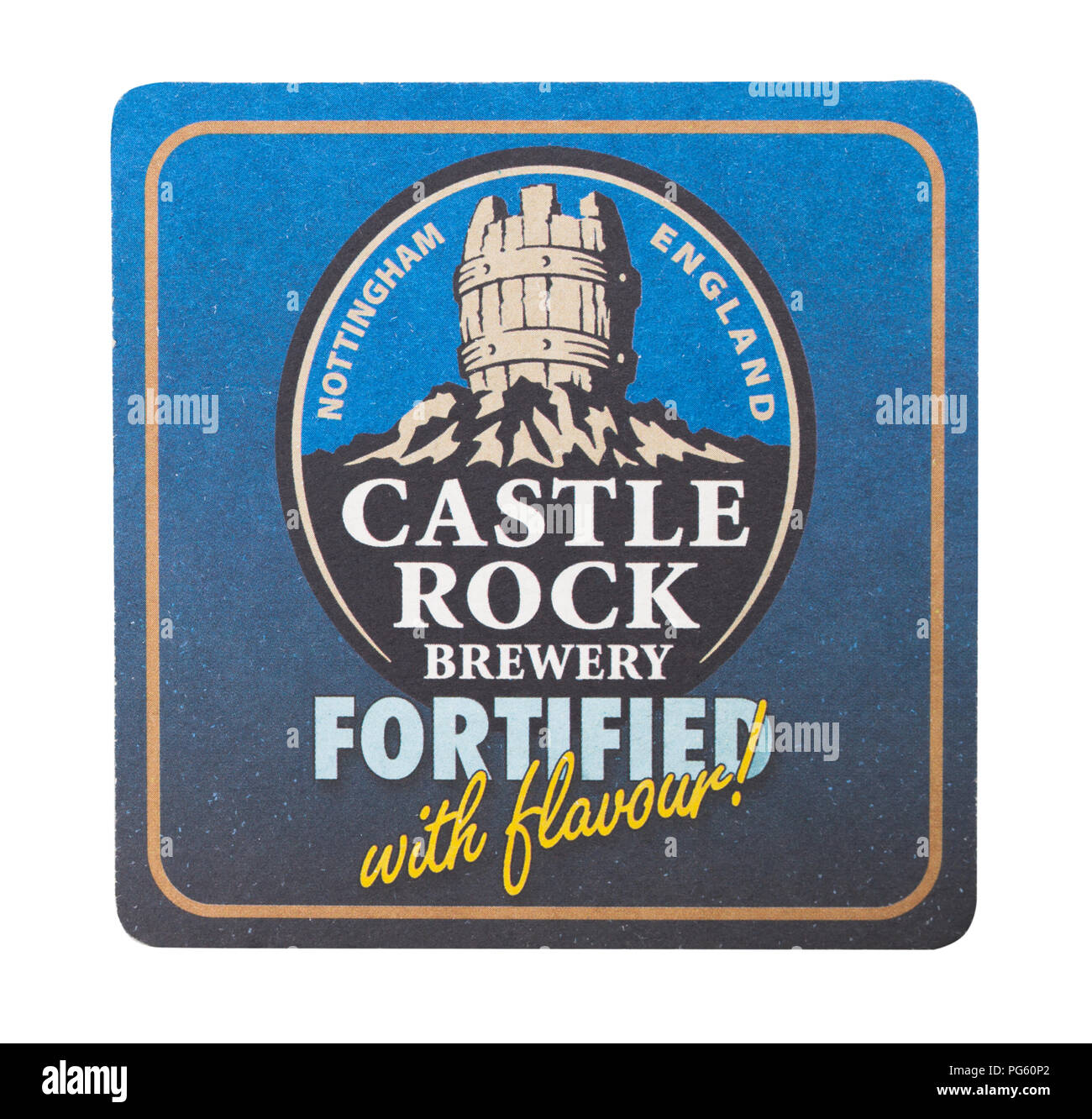 Londres, Royaume-Uni - 22 août 2018 : Castle Rock bière papier coaster beermat isolé sur fond blanc. Banque D'Images