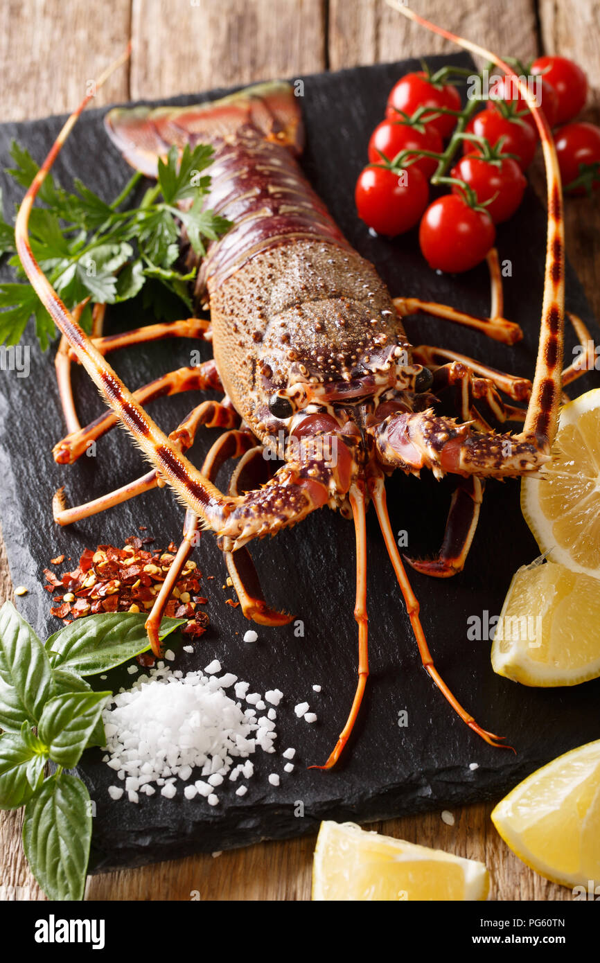 Préparation pour la cuisson des aliments ou langouste écrevisse de mer avec des ingrédients frais, gros plan sur une table en bois vertical. Banque D'Images