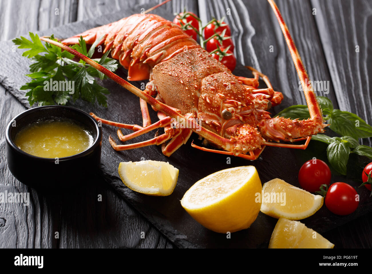 Rouge bouilli ou langouste épineuse avec des légumes et de beurre fondu gros plan sur un fond noir. Banque D'Images