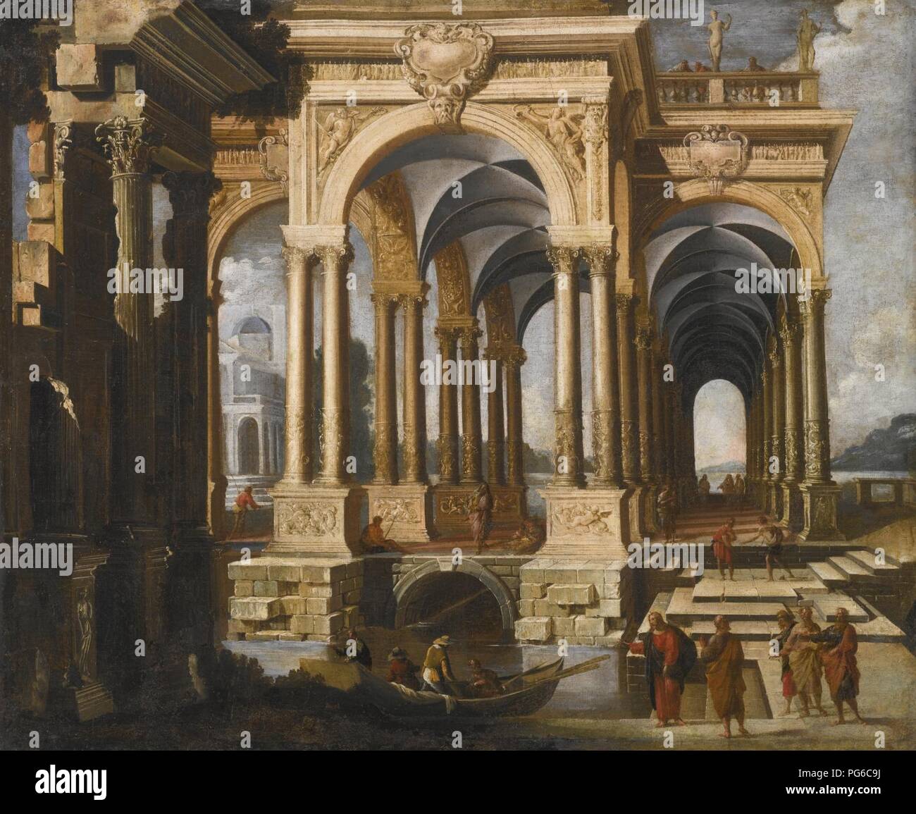 Attribué à François de Nomé Capriccio Architectural avec le Christ et ses disciples. Banque D'Images