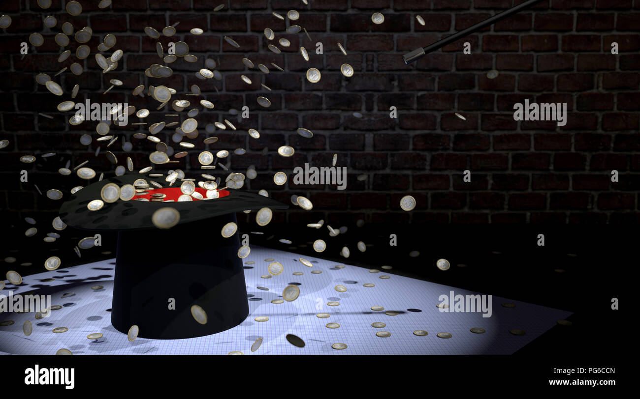 Baguette magique de magie des pièces en euros hors de Magician's hat Banque D'Images