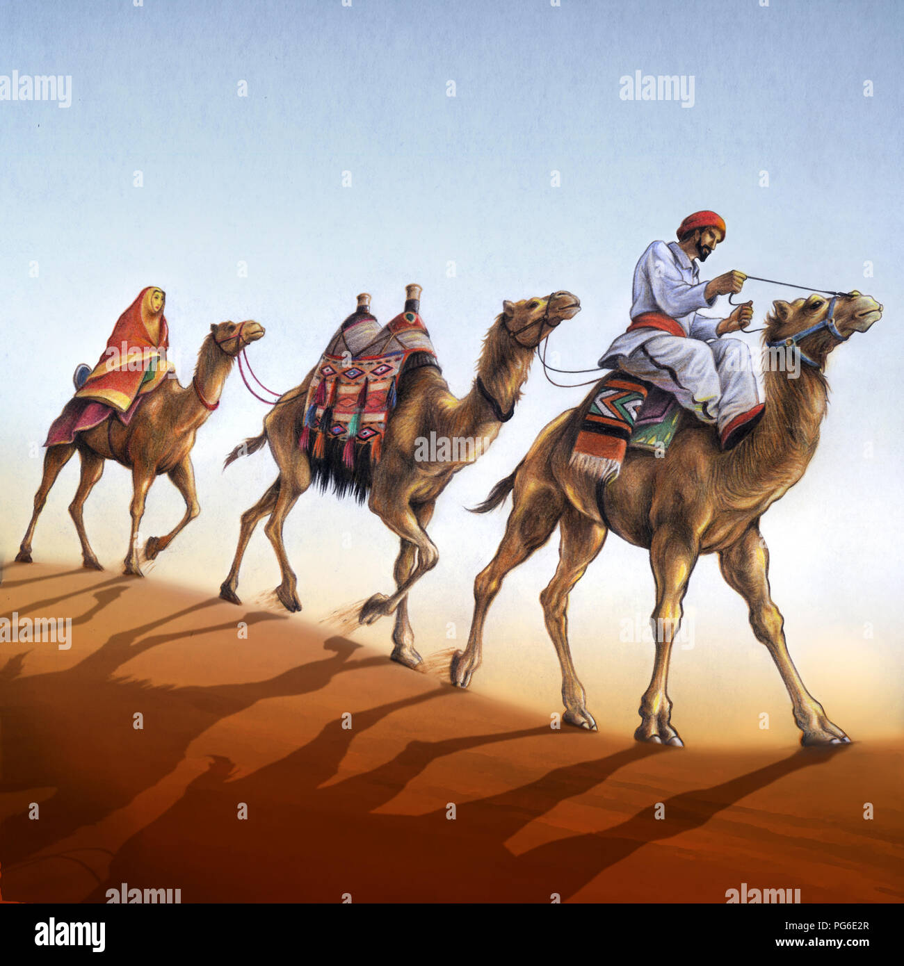 Caravane de chameaux, crayon de couleur Banque D'Images