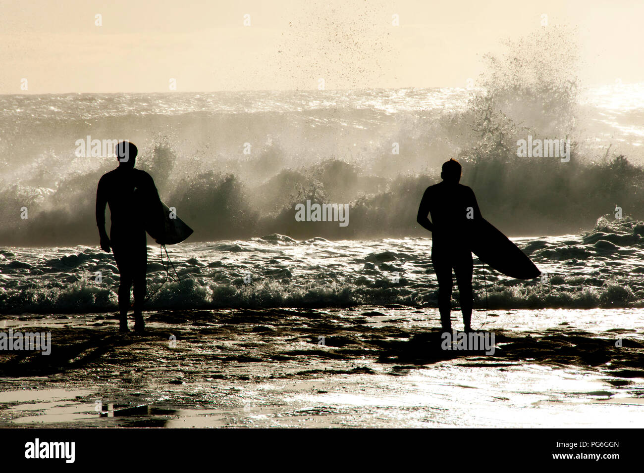 Surfers Silhouette dans Ocean Banque D'Images
