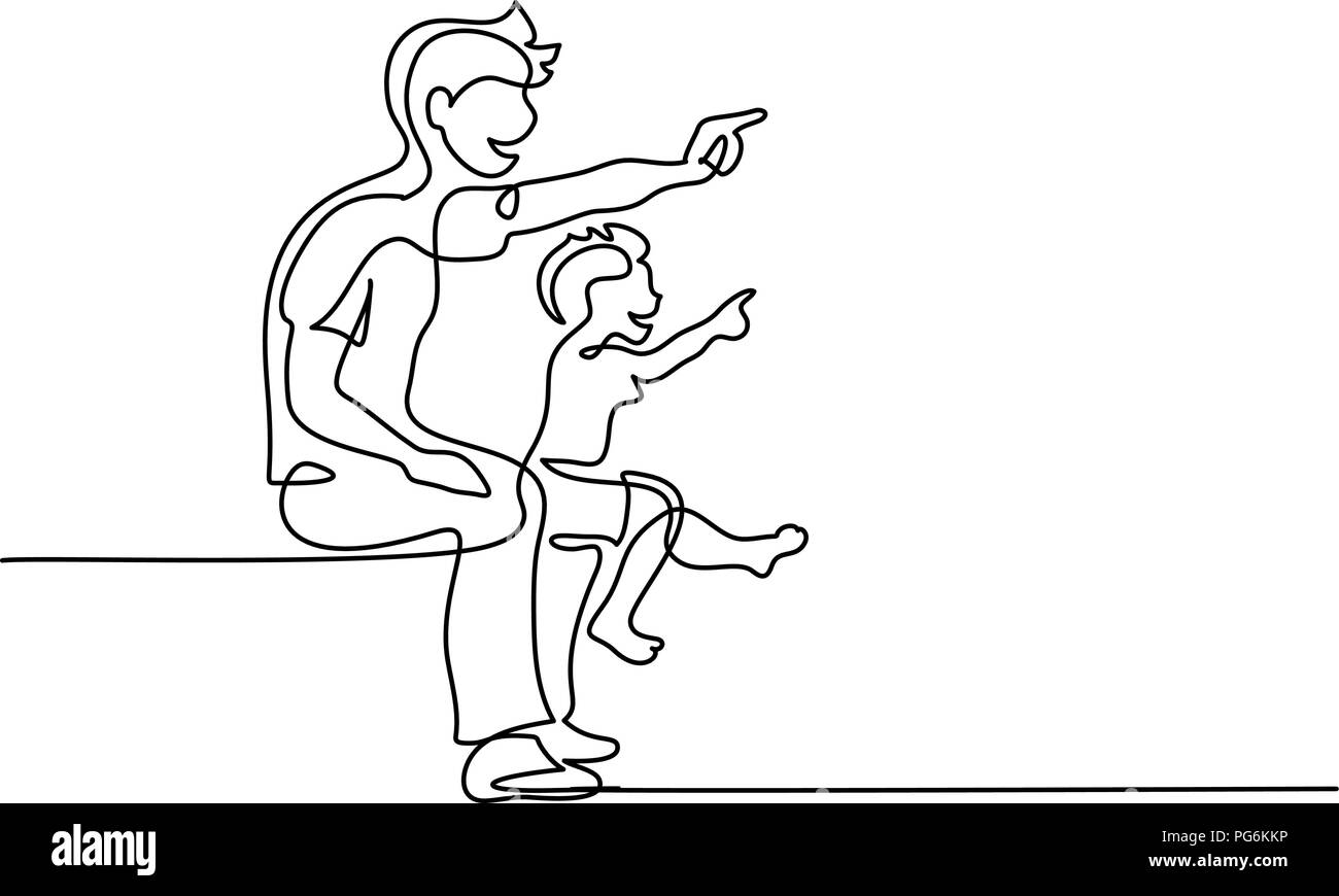 Dessin d'une ligne continue. Notion de famille. Père et fils montrer quelque chose. Vector illustration Illustration de Vecteur