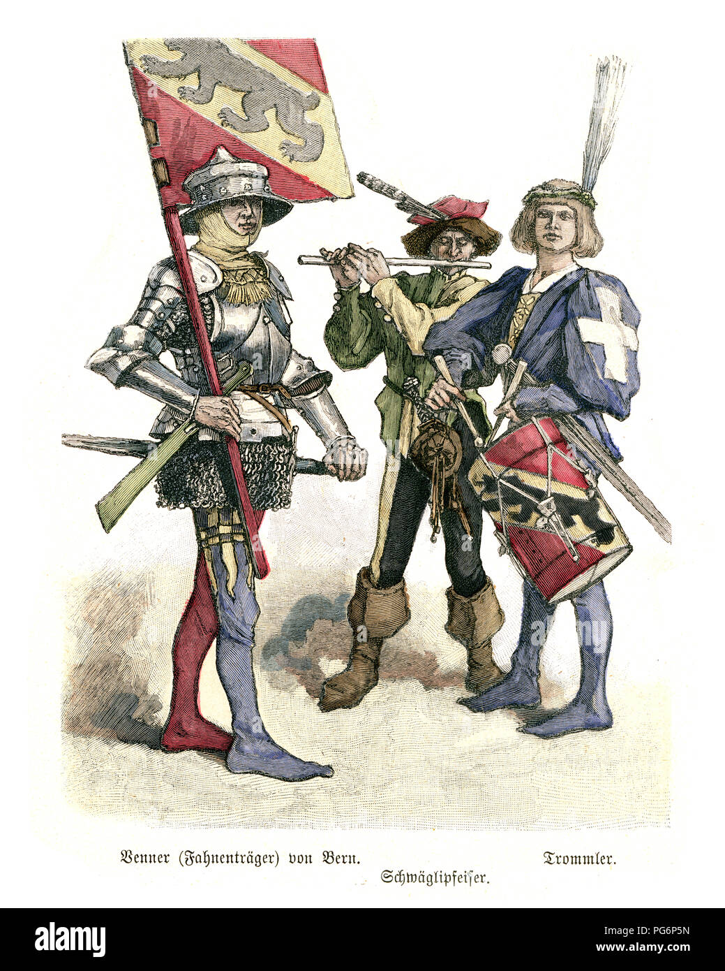 La mode de l'époque médiévale, porte-drapeau de la Suisse Berne, le batteur et joueur de fifre Banque D'Images