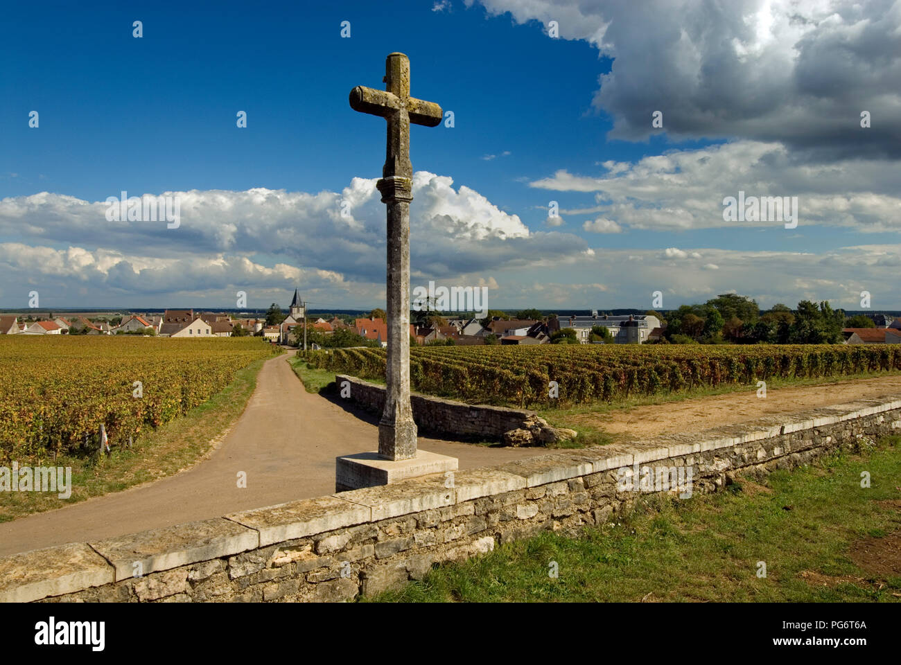 Romaneé-Conti Vignoble croix de pierre marqueur avec Romanée-St-vivant dans paysage derrière, Vosne-Romanée, Côte d'Or, France Banque D'Images