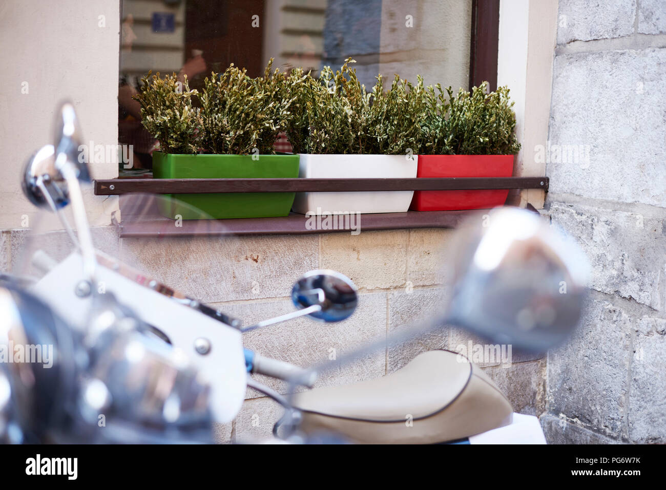 Trois jardinière sur appui de fenêtre d'une maison Banque D'Images