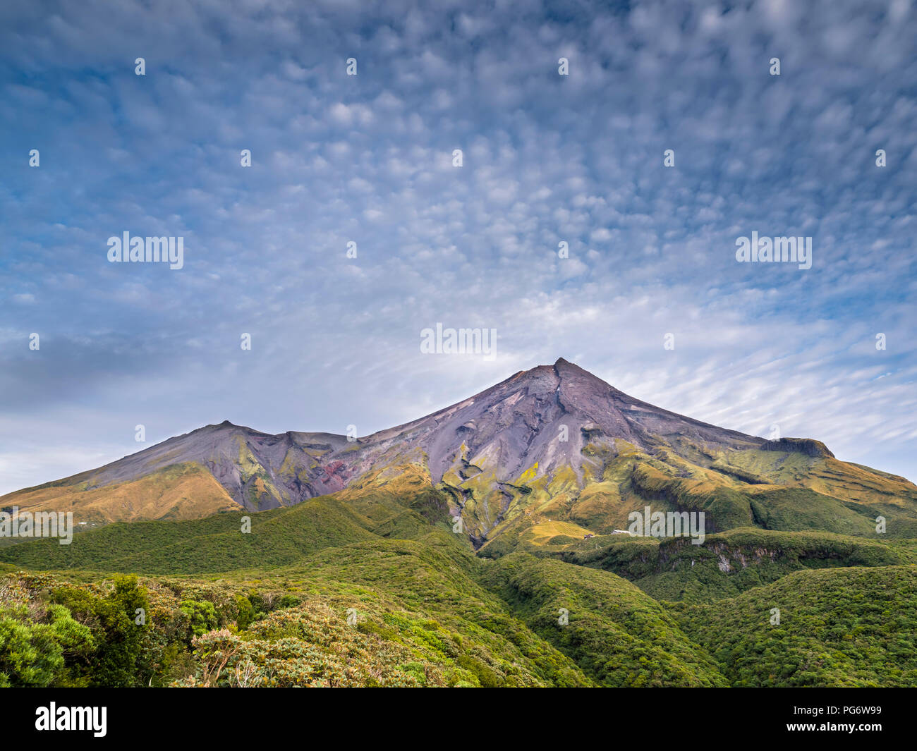 Nouvelle Zélande, île du Nord, Parc National d'Egmont, une vue sur le Mont Taranaki Banque D'Images