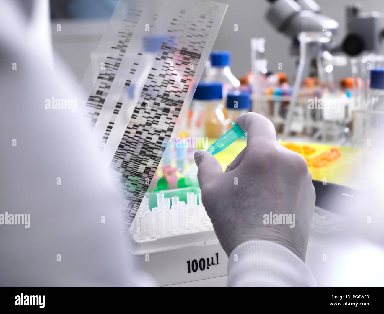 Scientist holding un gel d'ADN révélant la constitution génétique de l'échantillon dans le flacon Banque D'Images