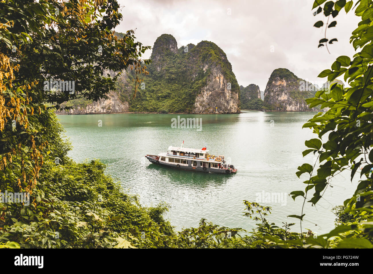 Vietnam, Ha Long Bay, avec les îles de calcaire et de bateau d'excursion Banque D'Images