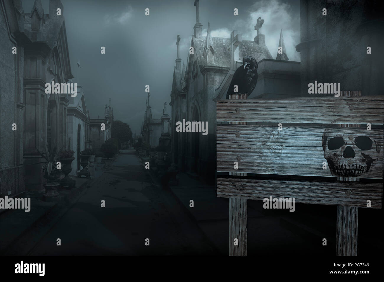 Spooky Halloween fond avec Crow, tombes sous la forme d'chpel à partir d'un vieux cimetière européen street et placard en bois au premier plan d'une salle Banque D'Images Spooky Halloween fond avec Crow, tombes sous la forme d'chpel à partir d'un vieux cimetière européen street et placard en bois au premier plan d'une salle Banque D'Images