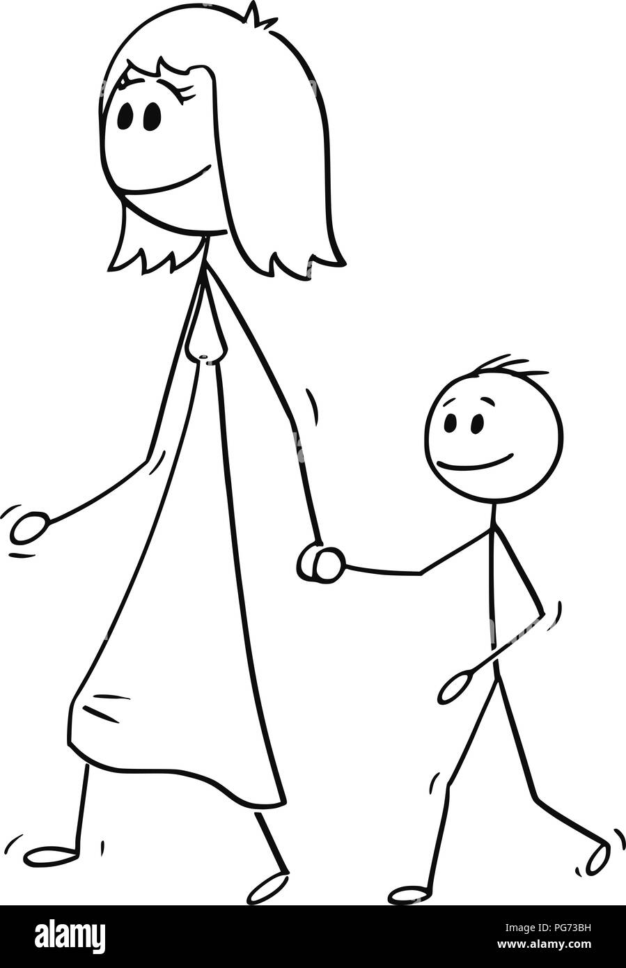 Caricature de Mère Marcher avec fils et tenant sa main Illustration de Vecteur