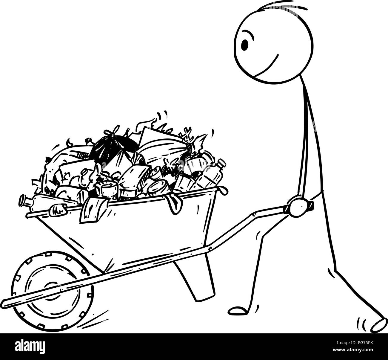 Caricature de Man pushing Wheelbarrow plein d'ordures Illustration de Vecteur