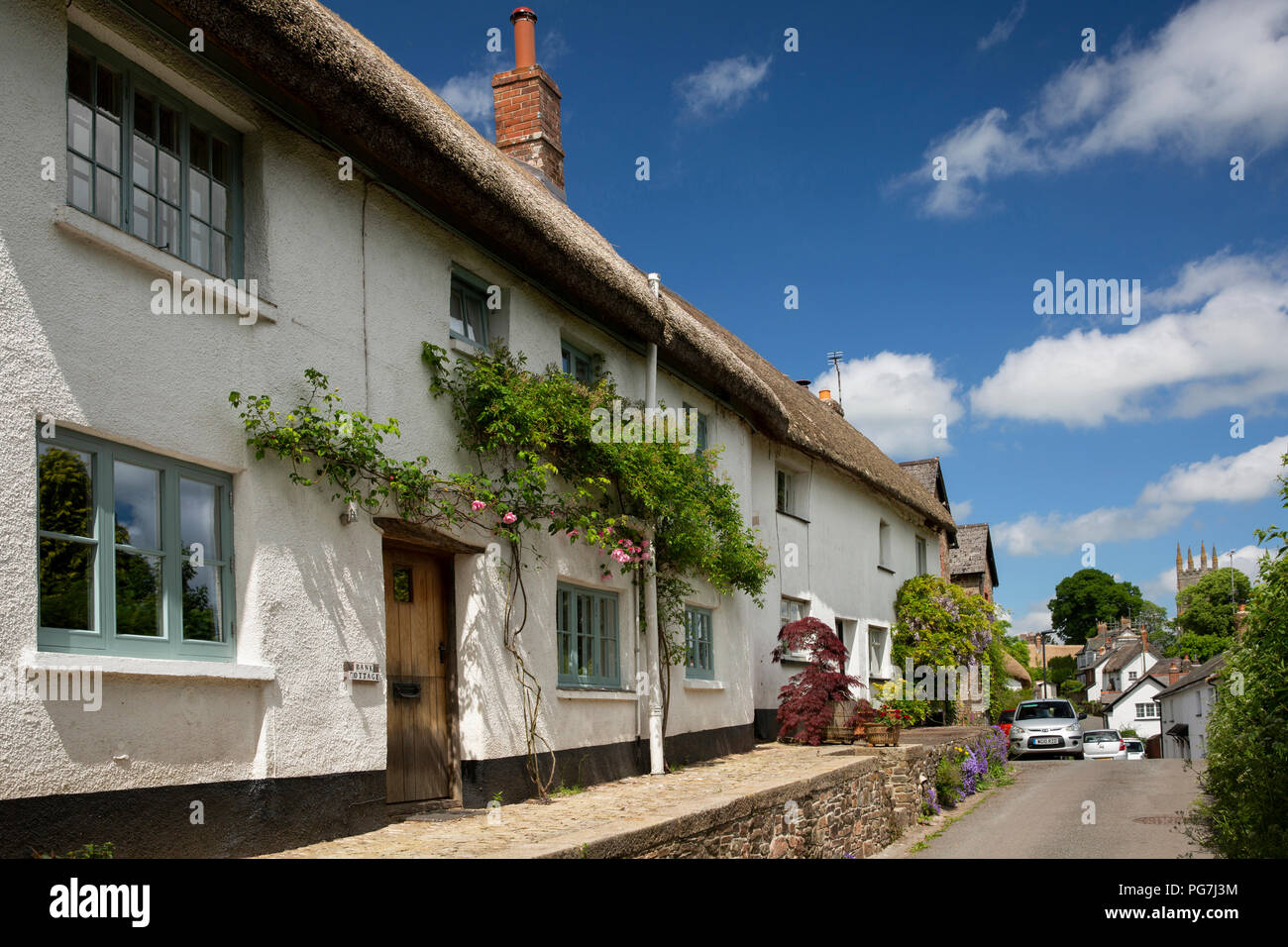 Royaume-uni, Angleterre, Devon, Okehampton, Bank Cottage, thatched cottage idyllique avec des roses autour de la porte Banque D'Images