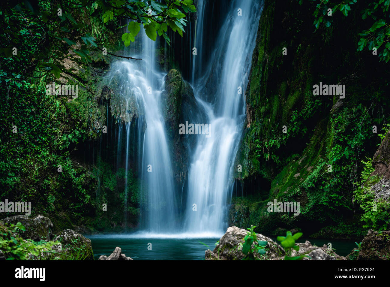 Nettoyer l'eau qui coule en cascade sur la roche à l'étang dans les bois verts des temps d'exposition Banque D'Images