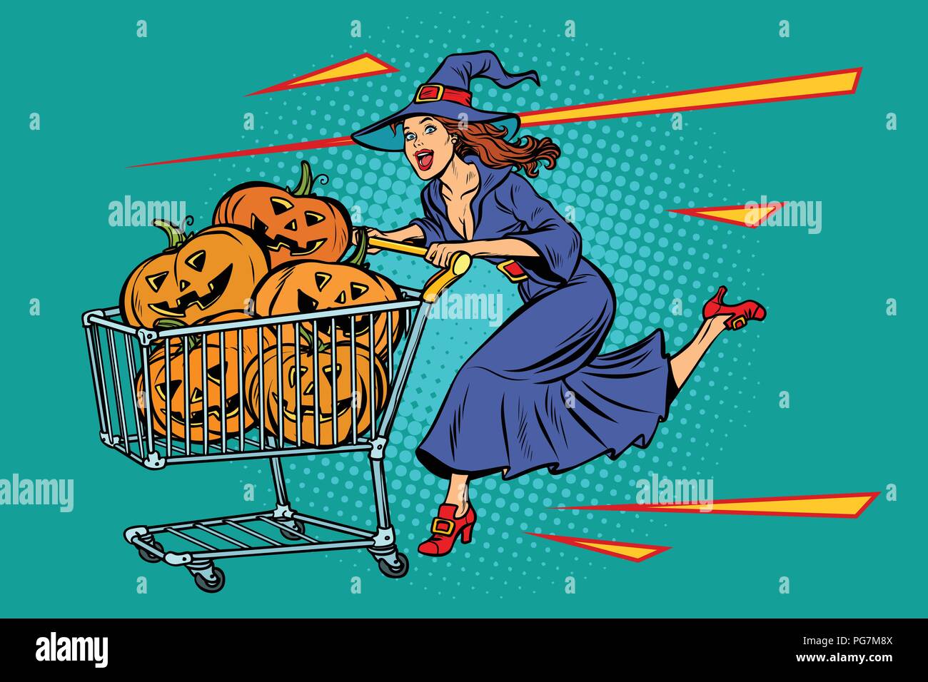 Sorcière Halloween pumpkins. panier trolley vente Illustration de Vecteur