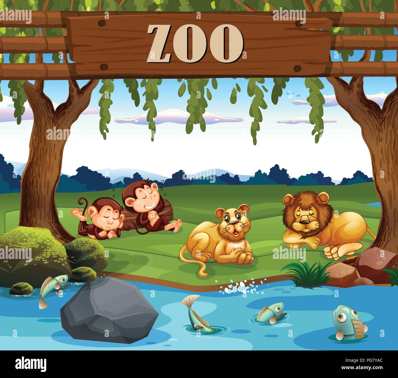 Monkey et lion dans le zoo illustration Illustration de Vecteur