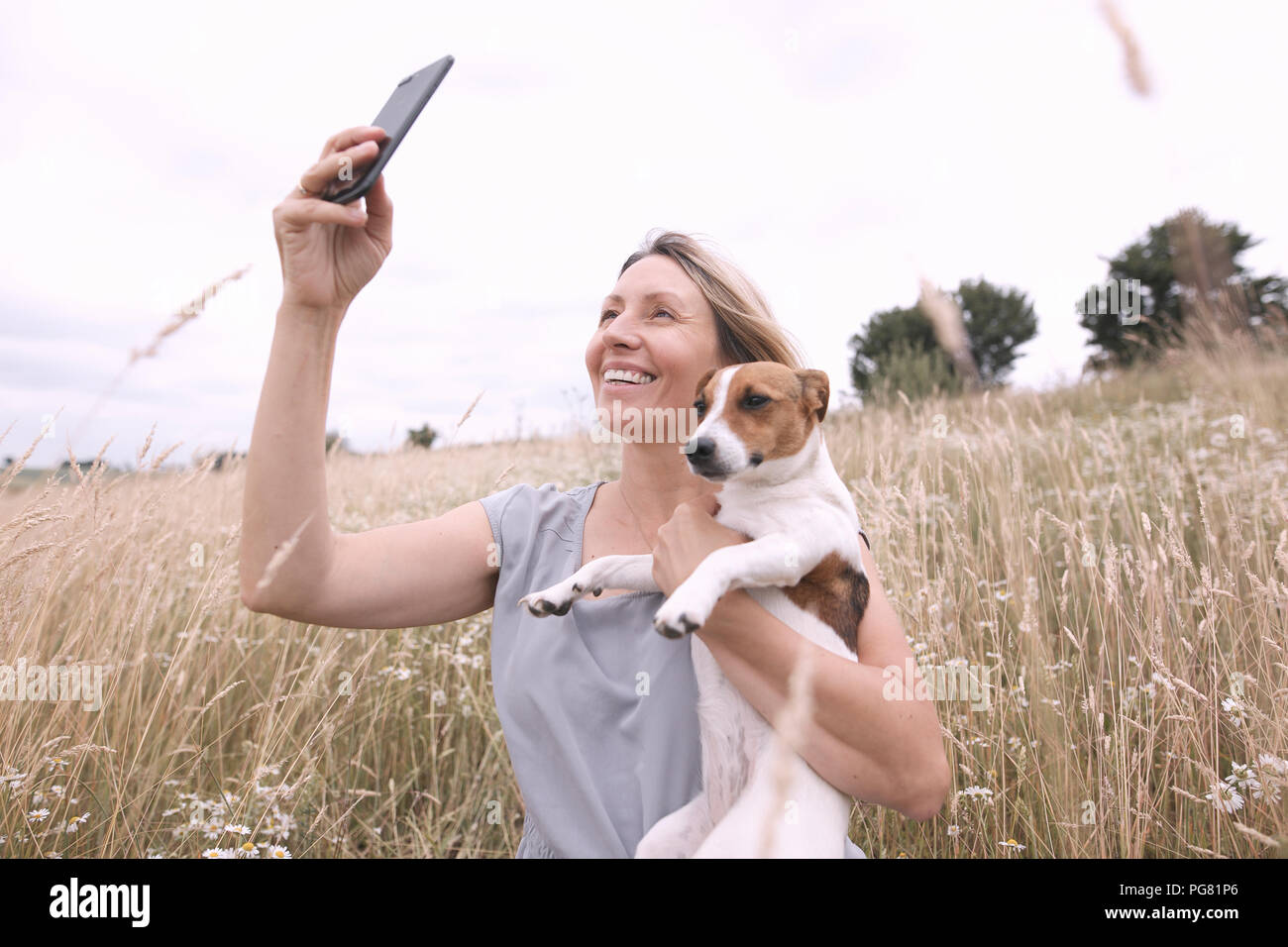 Femme avec chien en tenant avec selfies sur smartphone un champ Banque D'Images