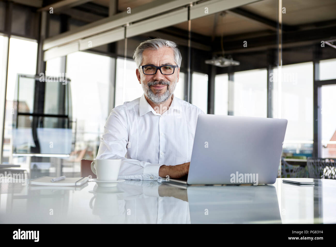 Portrait of smiling businessman with laptop at desk in office Banque D'Images