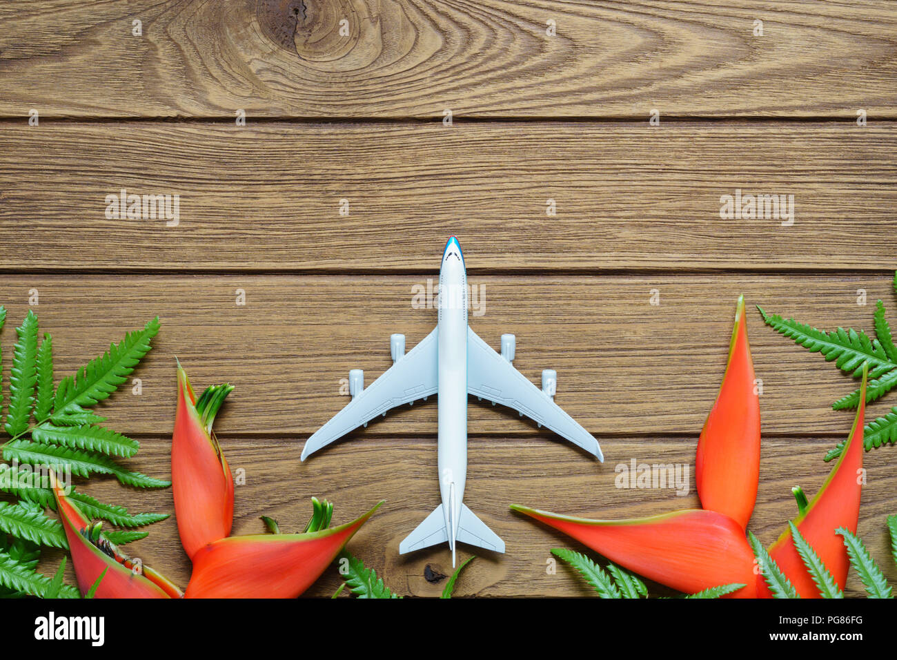 Locations d'été de voyage tropical Island week-end Voyage aventure concept d'arrière-plan Vue de dessus avec l'exemplaire de l'espace. Jouet miniature avion avec une fleur tropicale Banque D'Images