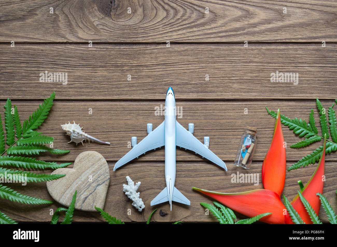 Locations d'été de voyage tropical Island week-end Voyage aventure concept d'arrière-plan Vue de dessus avec l'exemplaire de l'espace. Jouet miniature avion avec fleur tropicale, s Banque D'Images