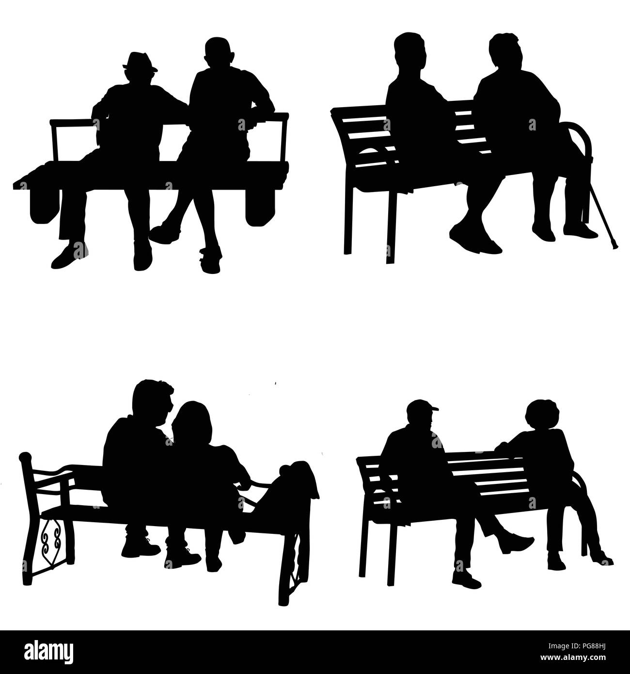 Silhouette d'un vecteur des gens assis sur un banc de parc sur fond blanc Illustration de Vecteur
